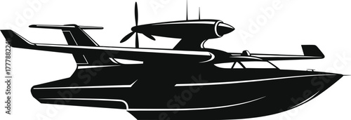 Black and white illustration of a seaplane airplane, seaplane, airplane, aircraft, watercraft, flying boat, aviation, transport, vehicle, propeller, engine, wings, fuselage, cockpit, hydroplane, float
