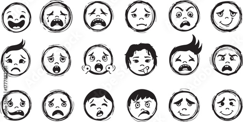 Grunge doodle style vector cartoon avatar collection of human facial expressions depicting diverse emotional states isolated on checkerboard background