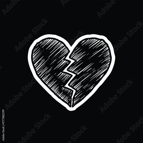 Distressed Hand-Drawn Broken Heart Symbol Expressing Sadness and Loss in Stark Black and White