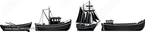 Black Silhouette Collection of Nautical Vessels boat, boat, ship, sailboat, fishing boat, rowboat, dinghy, sailing ship, schooner, vessel, watercraft, maritime, nautical, marine, transportation, trave