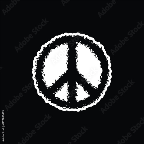 Iconic distressed peace symbol graphic design against a stark black background