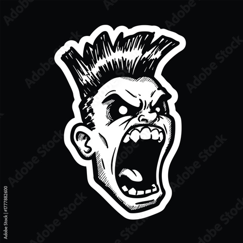 Aggressive punk rock character with mohawk screaming with intense emotion and fury