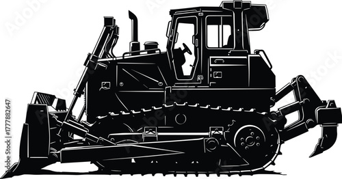Black silhouette of a heavy-duty bulldozer on a white background, bulldozer, construction, heavy equipment, machinery, vehicle, industrial, earthmover, tractor, crawler, dozer, blade, tracks, engine, 