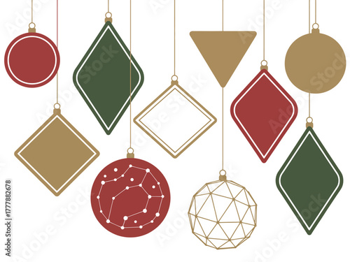 A collection of decorative geometric shapes and Christmas ornaments hang suspended on white backgrounds.