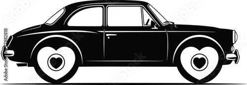 Black silhouette of a vintage car with heart-shaped wheels, vintage car, retro car, classic car, automobile, vehicle, transport, love, hearts, romance, romantic, cute, whimsical, quirky, design, illus