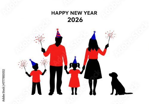 Happy New Year 2026. A silhouette vector illustration of a family (father, mother, two children) and their dog celebrating with sparklers and party hats.