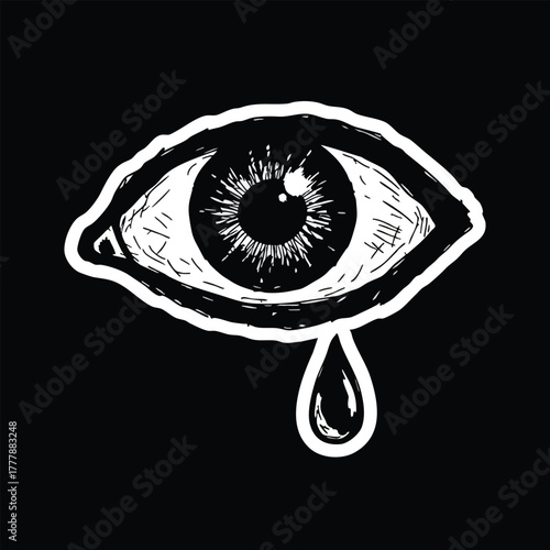 A stark black and white illustration of a crying eye with a teardrop