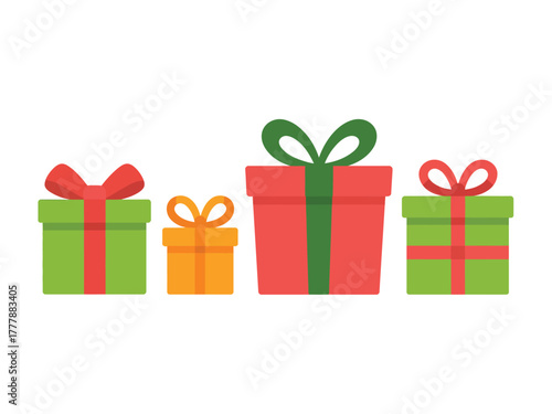 A variety of brightly colored gift boxes with ribbons are neatly arranged in a row.