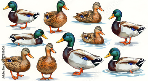 Watercolor ducks composition hand-painted mallard birds in standing and swimming poses on white