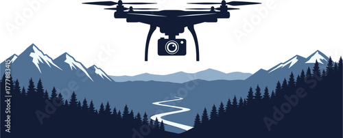 Drone flying over a mountainous landscape with a river  drone, flying, aerial, view, scenic, wilderness, technology, view, mapping, exploration, silhouetted, above, with, trees., river, travel, drone,