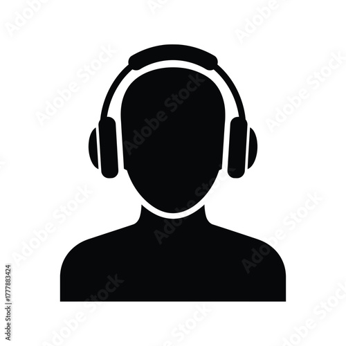 Black silhouette of a person wearing headphones for audio entertainment or communication