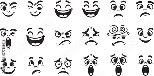 Funny comic vector faces collection depicting exaggerated human emotions like laughter surprise anger and sadness isolated on transparent grid.