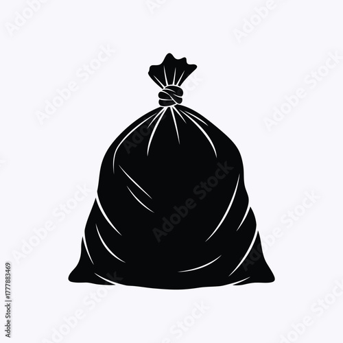 Black trash bag tied closed simple illustration icon for waste management and disposal