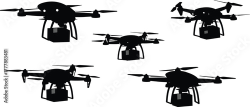 Drones carrying packages in silhouette drone, delivery, package, cargo, aerial, silhouette, viewed, miscellaneous, supply, carrying, delivery, hovering, unmanned, different, distribution, load, airbor