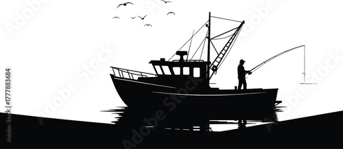 Fishing Boat Silhouette with Fisherman and Birds vector, fishing, boat, silhouette, fisherman, vector, man, sea, water, nature, sunset, sunrise, sky, sun, travel, ocean, leisure, hobby, bird, recreati
