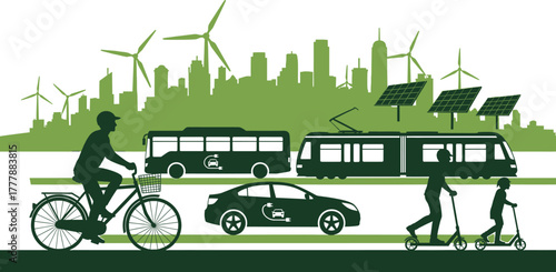 Green silhouette of a city with sustainable transportation, city, silhouette, green, sustainable, transportation, electric, eco-friendly, renewable energy, wind turbines, solar panels, bus, tram, car,