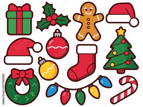 A collection of festive Christmas icons including a gift, holly, gingerbread man, Santa hat, ornaments, stocking, tree, wreath, lights, and candy cane.