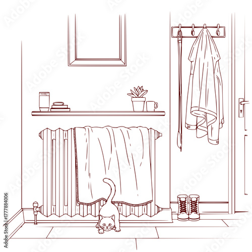 blanket over radiator vector: Cat exploring cozy hallway with radiator, plants, and jacket  