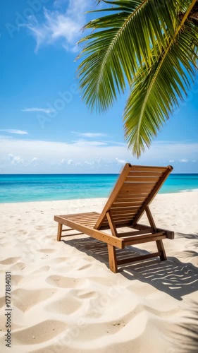 Wallpaper Mural Idyllic beach scene featuring a wooden chaise lounge on white sand beneath a palm tree with turquoise ocean views Torontodigital.ca