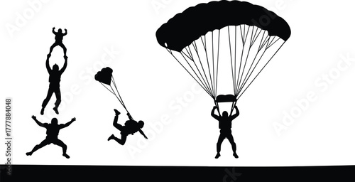 Parachuting and skydiving silhouettes skydiving, parachuting, skydiver, parachute, graphic, parachute, sport, parachuting, teamwork, with, freefall, background, against, skydiver, action, people, air,