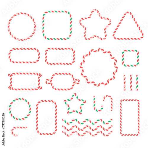 Flat festive candy cane frames and borders set. Red, green and white swirl lollipops, peppermint holiday oval, circle, star frames for merry Christmas invitations vector design.