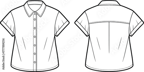 Short sleeve button-up shirt front and back view, folded cuff, yoke detail, curved hem, cad drawing flat vector illustration