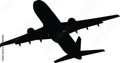 Silhouette of a commercial airplane in flight aircraft, airplane, aircraft, jet, airliner, transport, travel, aviation, flight, silhouette, black, white, wing, engine, fuselage, tail, sky, journey, co