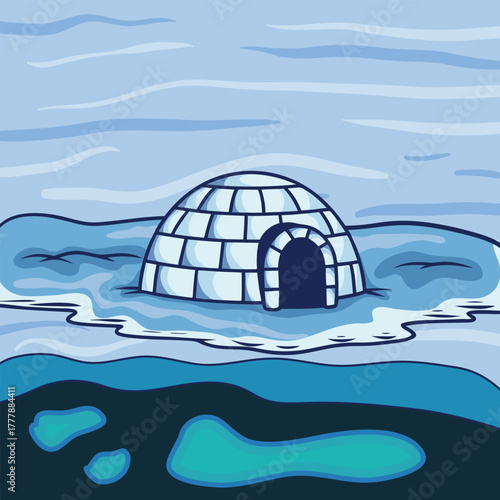 Arctic Igloo on Ice Floe Vector Illustration. Winter Home in North Pole Landscape Drawing