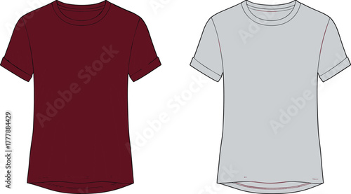short sleeve t-shirt, maroon and gray, round neck, rolled sleeves, front view, fashion sketch, cad drawing flat vector illustration