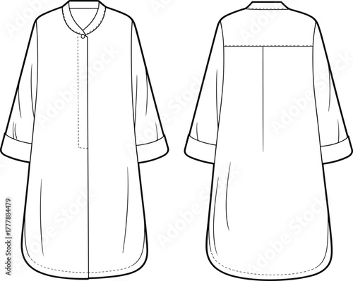 Long sleeve tunic sketch, front and back view, button placket, round neckline, cuffed sleeves, fashion design, garment construction, vector illustration
