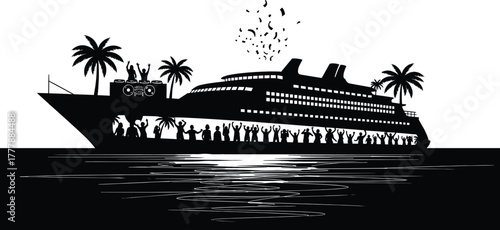 Silhouette of a cruise ship party with palm trees and confetti cruise ship, party, silhouette, graphic, miscellaneous, party, boat, ship, background., night, joy, fun, vacation, water, waves, with, se
