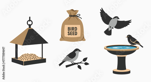 Flat design vector illustration bird feeder seed birdbath elements birds nature garden outdoor wildlife feeding set collection animals