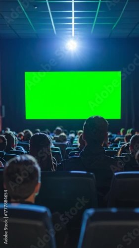 Movie theatre audience watching a bright green screen on stage inside an auditorium, filled with rows of seats.