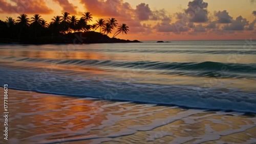 Tropical island sunset silhouette palm trees gentle ocean waves reflecting golden orange sky serene beach paradise vacation travel
