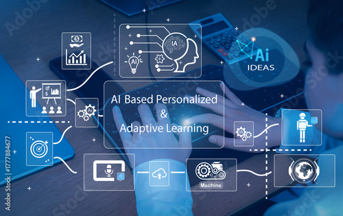 Child using keyboard with digital data graphics, artificial intelligence icons and education technology interface overlay, Conceptual image of AI based personalized and adaptive learning.