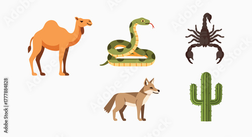 Desert animals and plant collection flat design vector illustration camel snake scorpion coyote cactus wildlife nature arid environment graphic element clip art