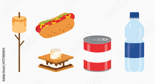 Outdoor camping picnic food drink items set marshmallow hotdog smores can waterbottle vector illustration flatdesign outdoors camping picnic food drink snack