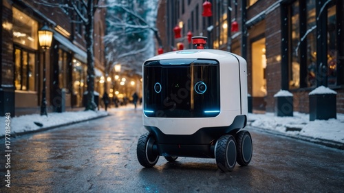 Delivery robot navigating snowy city street in winter