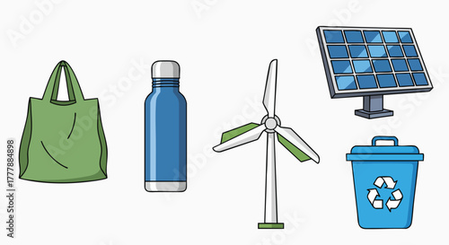 Eco-friendly sustainable lifestyle items renewable energy flat vector illustration reusable green environment recycle energy nature clean save planet