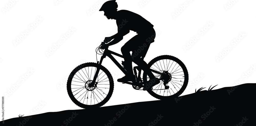 Fototapeta premium Silhouette of a mountain biker riding uphill on white background, mountain biker, mountain bike, bicycle, cycling, sport, athlete, downhill, uphill, trail, terrain, nature, outdoor, recreation, fitnes
