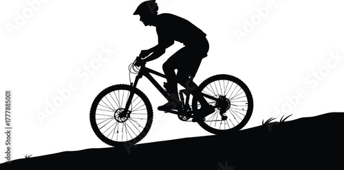 Silhouette of a mountain biker riding uphill on white background, mountain biker, mountain bike, bicycle, cycling, sport, athlete, downhill, uphill, trail, terrain, nature, outdoor, recreation, fitnes