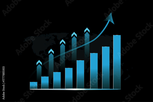 A bar graph showing growth with an arrow pointing upwards on a black background