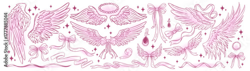 Coquette angel wings and bow ribbons kit. Pink gradient aesthetic hand-drawn outline elements for logo, poster, stickers and fashion design