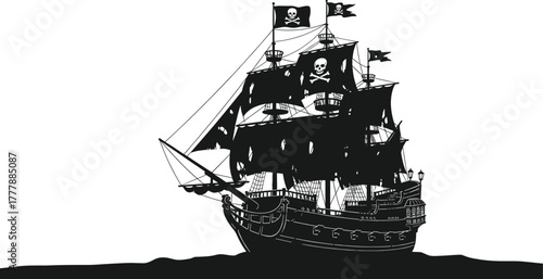 Silhouette of a pirate ship with skull flags on white background, pirate ship, sailing ship, vessel, boat, sea, ocean, water, waves, pirate, skull and crossbones, flag, sails, masts, rigging, adventur