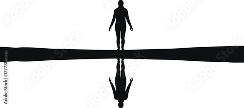 Silhouette of a person standing with their reflection, silhouette, person, human, standing, reflection, mirror, symmetry, white background, black, shadow, figure, individual, solitary, contemplation, 