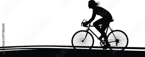 Silhouette of a woman cycling on a road bicycle, silhouette, woman, cycling, bicycle, road, riding, sport, recreation, fitness, healthy lifestyle, movement, speed, wind, hair, motion, black, white bac