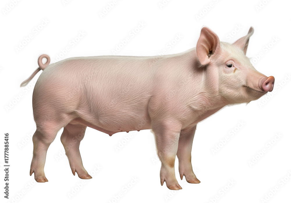 Fototapeta premium A young pink pig stands proudly against a black background