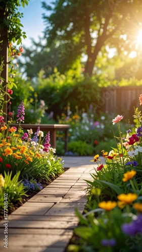 Wallpaper Mural Sunlit garden path bordered by colorful flowerbeds leads to bench in lush green backyard during sunny day. Torontodigital.ca