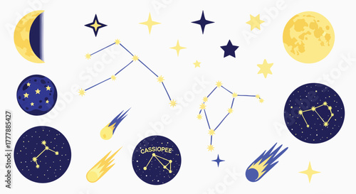 Celestial sky elements set flat design style cosmic vector illustration astronomy space galaxy universe stars moon comet constellation