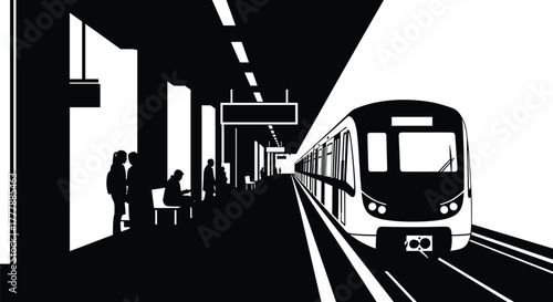 Subway train at a station platform with waiting passengers, subway, train, station, platform, passengers, waiting, public transport, urban, city, transportation, travel, journey, commute, rails, track